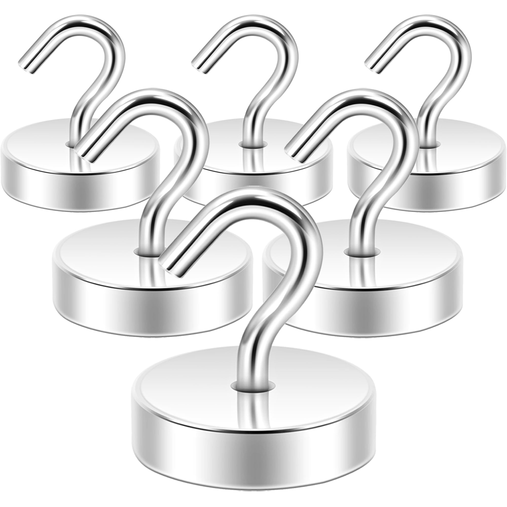 Neosmuk 60lb+ Extra Strong Magnet with Hook for Fridge,Heavy Duty Cruise Hook for Ceiling,Small Magnetic Holder for Van, Tool(Silver, Pack of 6)