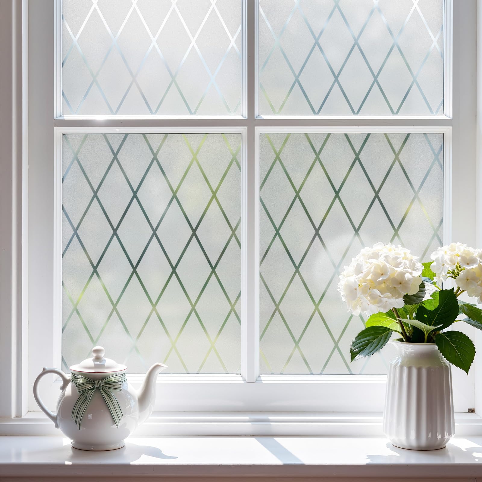 FEOMOS Frosted Lattice Window Film, Window Privacy Film, Decorative Window Cling Non Adhesive, Frosted Glass Film for Windows Doors UV Rejection 60x200cm