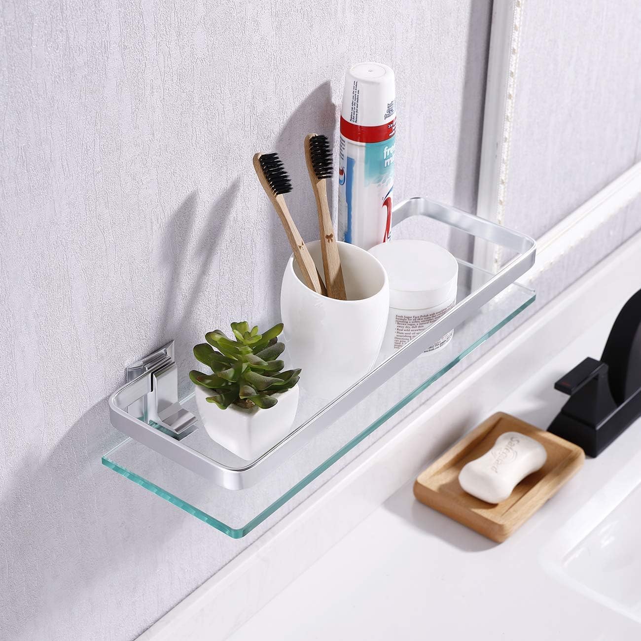 KES Aluminum Bathroom Glass Shelf Tempered Glass Rectangular 1 Tier Extra Thick Silver Sand Sprayed Wall Mounted, A4126A - - 