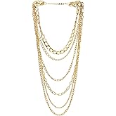 COOLSTEELANDBEYOND Statement Necklace Waterfall Multi-Strand Curb Link Rolo Chains, Punk Rock Cool, Light Weight
