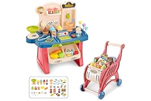 JOONLY Kids Shopping Cart Toy Supermarket Playset for Kids Included Grocery Cart Toy, Kids Pretend Play Role Fruit Vegetables Shop for Boy Girl Kid