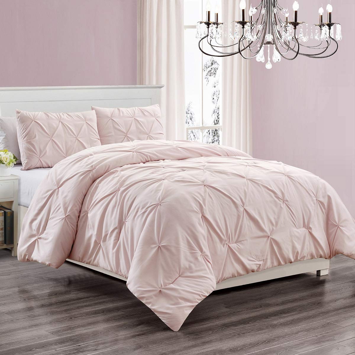 WPM 2 Piece Microfiber Comforter Set Pinch Pleat Pintuck Down Alternative Bedding - All Season Rose Blush Pink Bedroom Decor- JN1 (Twin)