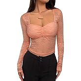 REORIA Womens Sexy Sheer Mesh Tops Floral Lace Long Sleeve Shirts Low Cut Slim Fitted Outfits See Through Going Out Blouses