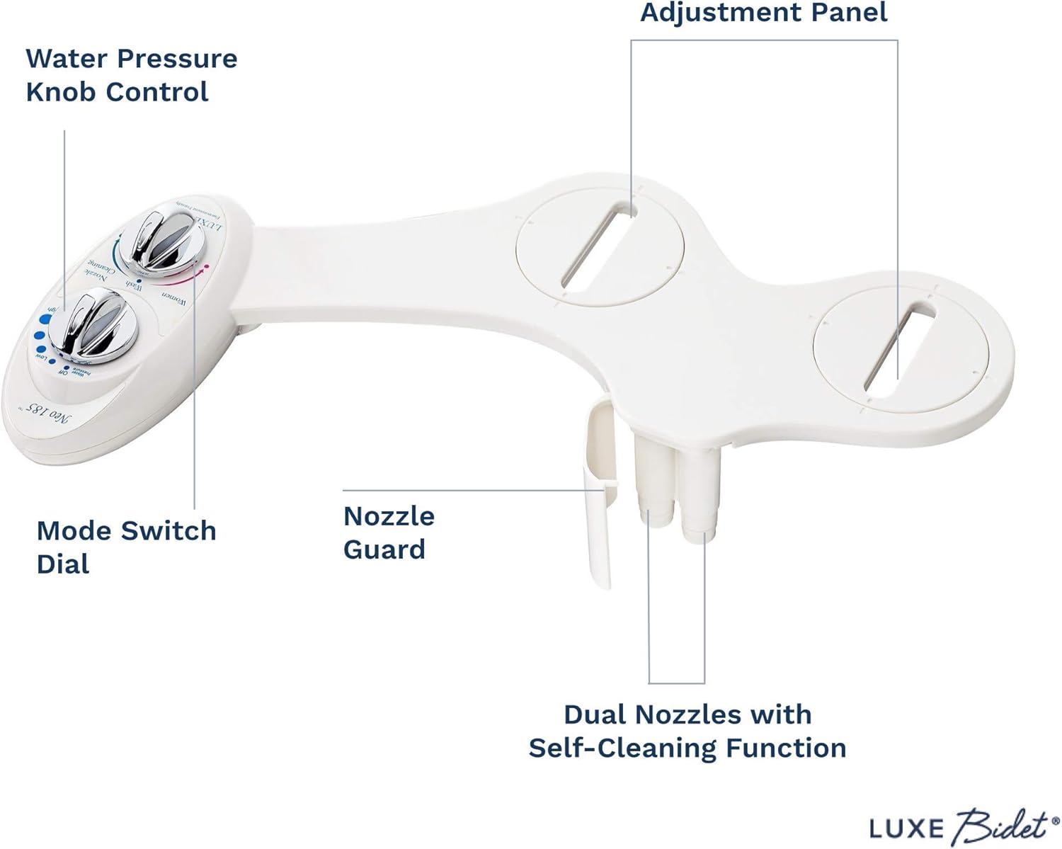 LUXE Bidet Neo 185 (Elite) Non-Electric Bidet Toilet Attachment w/ Self-cleaning Dual Nozzle and Easy Water Pressure Adjustment for Sanitary and Feminine Wash (White and White) - - 