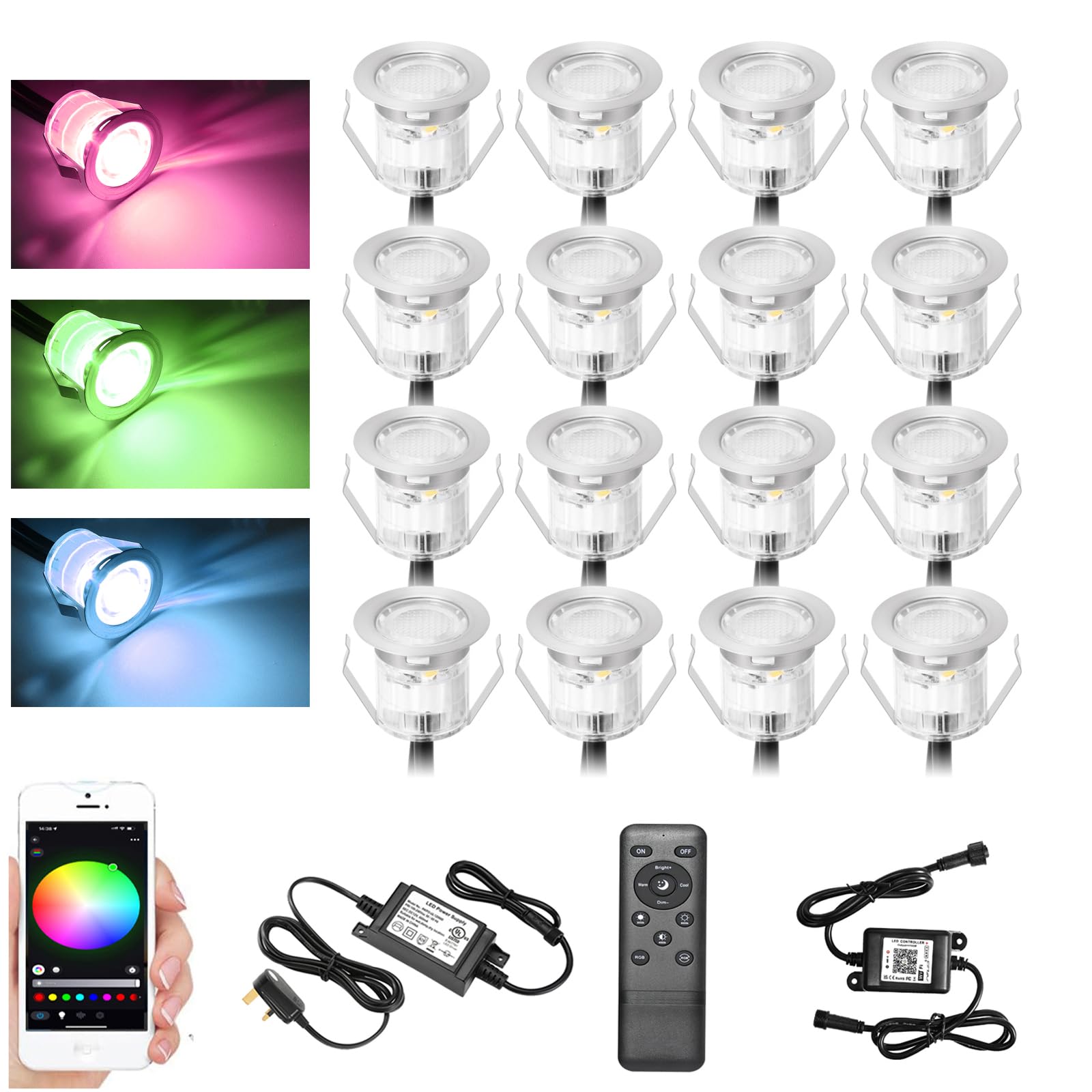 GEYUEYA Home RGB Decking Lights Kit, Ø30MM 12V 0.5W Bluetooth APP Control LED Recessed Deck Lights for Deck Patio Terrace Pathway Decoration - 20 Packs