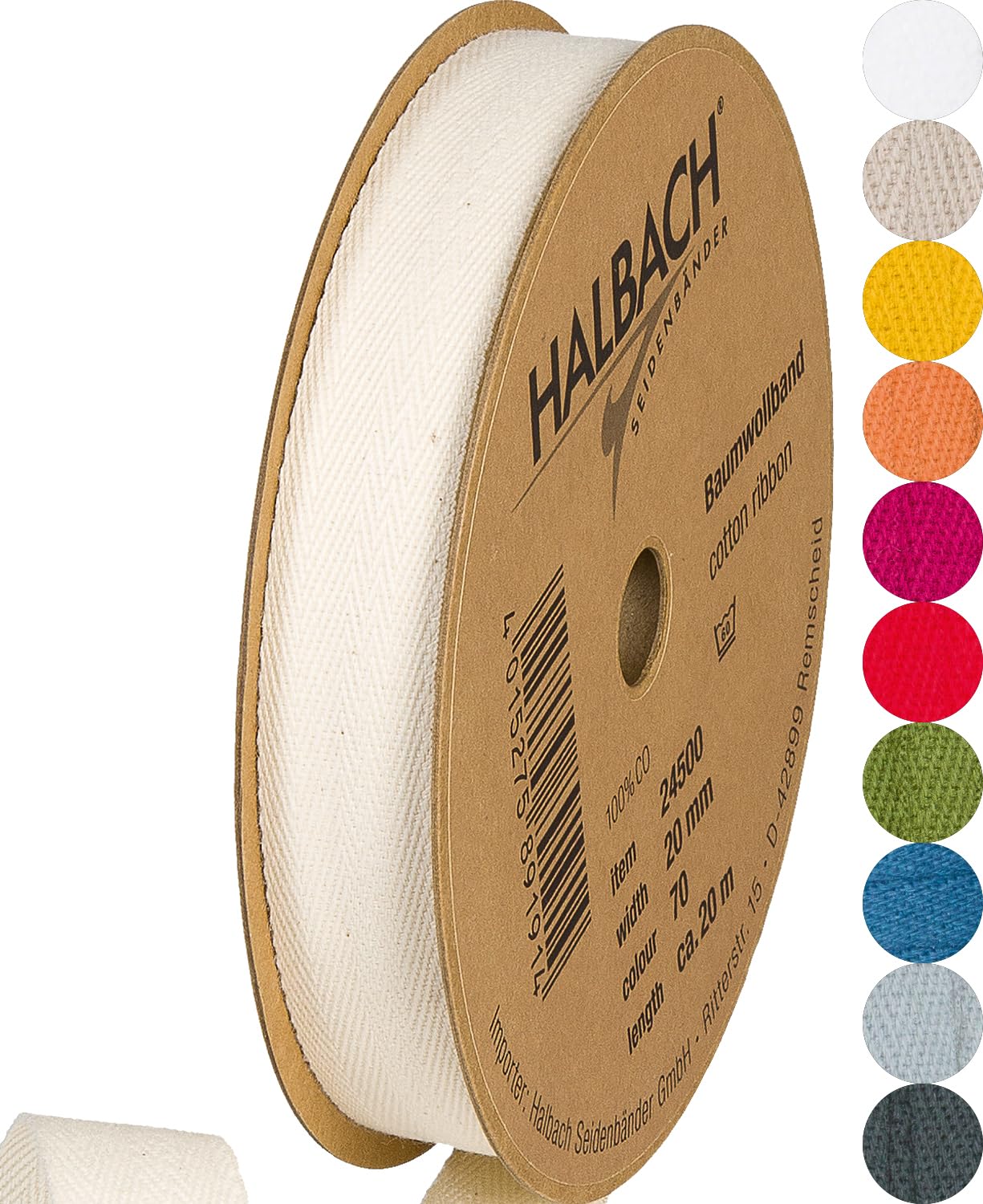 Halbach Seidenbänder Cotton Tape 20 mm x m, Tapes for Crafts Sold by the Metre, Fabric Tape for Decorations, Woven Tape 100% Cotton DIY Crafts, Bias Binding Tape, Sewing, Colour: Off-White, 24500