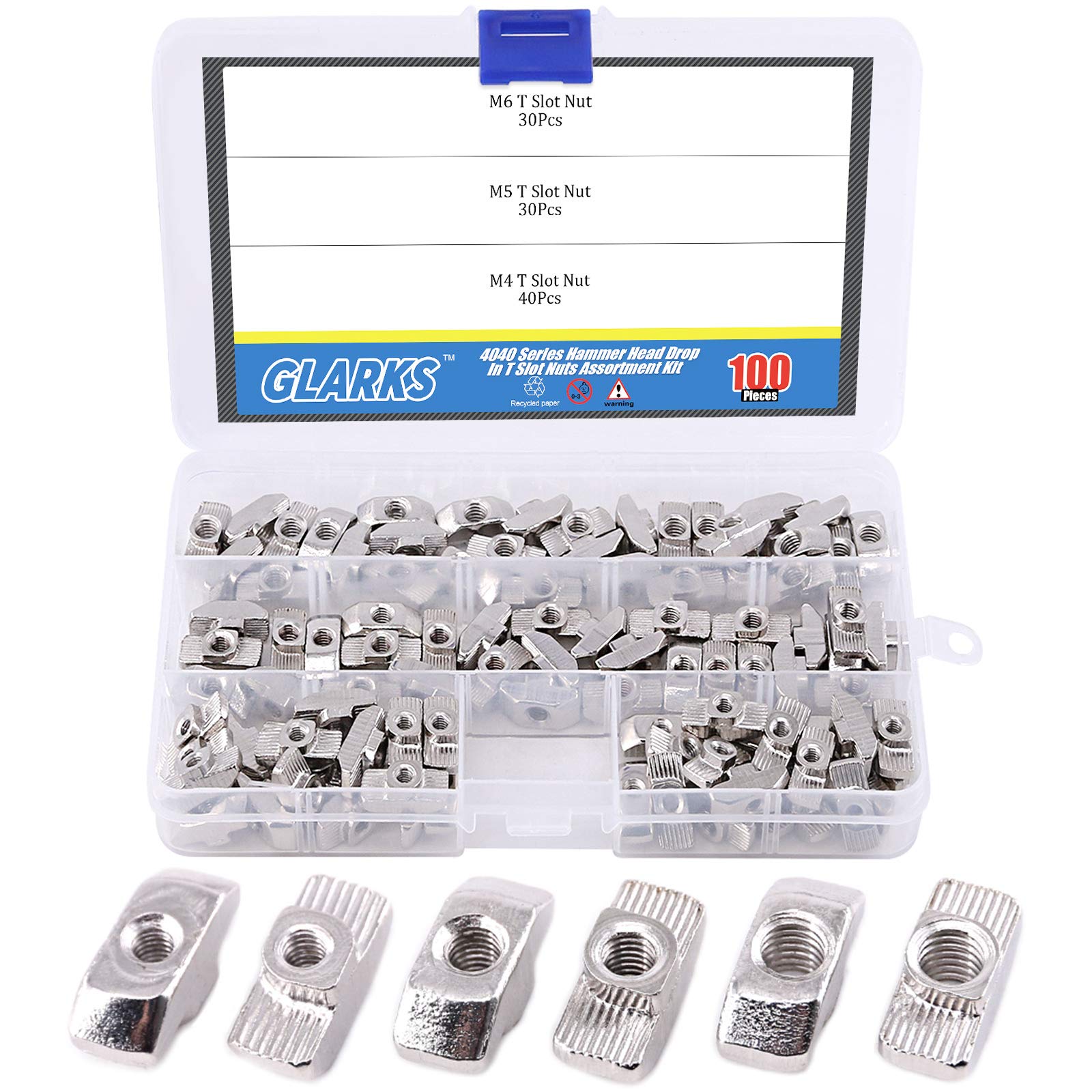 Glarks 100-Pieces 4040 Series European T Nut Assortment Kit, M3 M4 M5 Hammer Head Drop in T Slot Nuts for 40 Series Aluminum Profile - Nickel Plated Carbon Steel