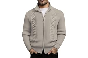 Men's Full Zip Cardigan Sweater - Slim Fit Thick Cable Knit with Stand Collar, Ribbed Edges, Midweight Windbreaker