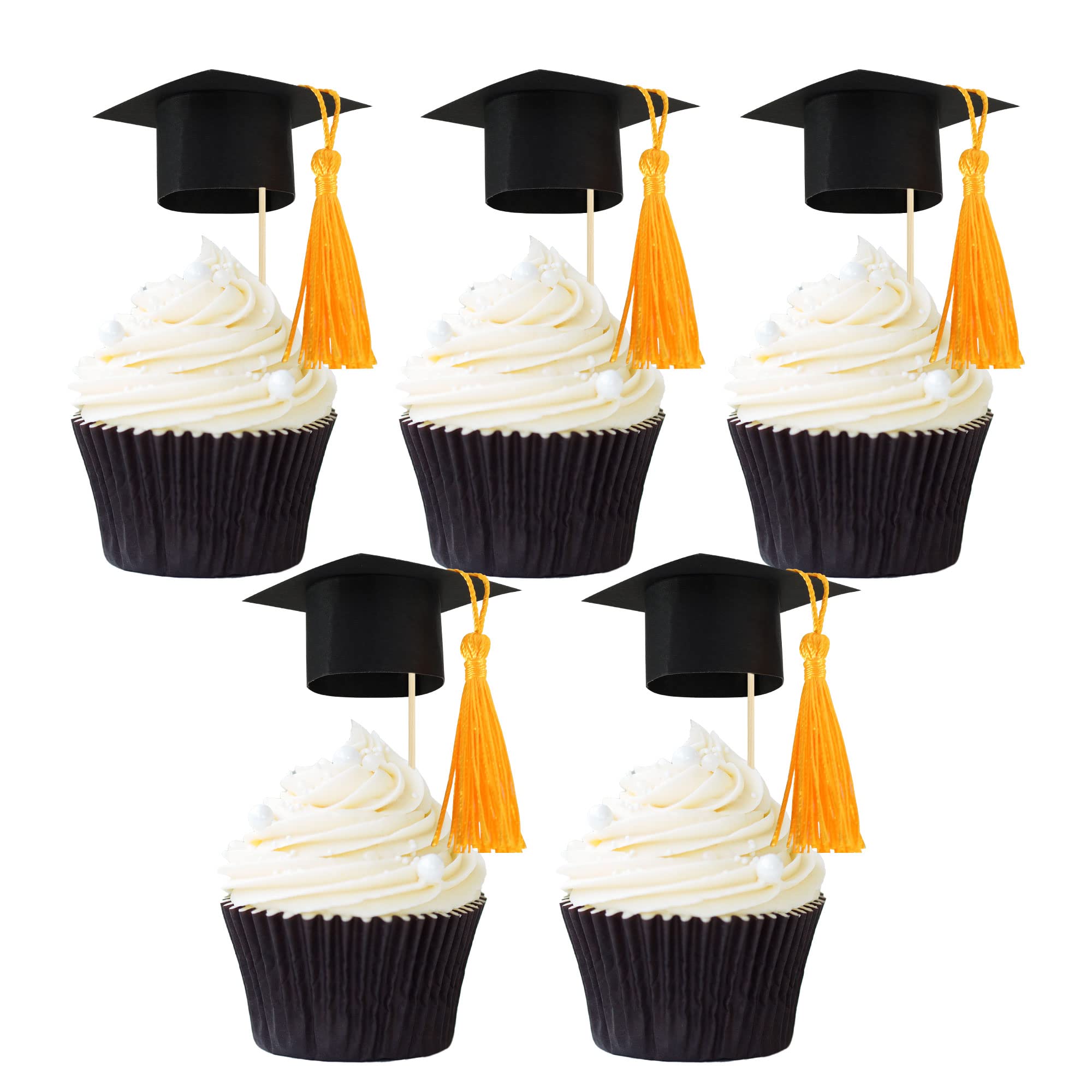 Gyufise 24Pcs 2026 Graduation Cap Cupcake Toppers with Gold Tassel DIY 2026 Congrats Grad Cupcake Picks Graduation Cap 2026 Graduation Cupcake Picks for Graduation Theme Party Supplies