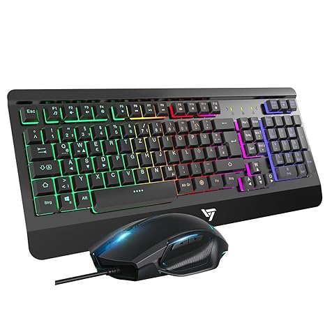 VicTsing Gaming Tastatur und Maus Set, LED Hintergrundbeleuchtung QWERTZ (DE Layout) USB Tastatur, Programmierbare Maus mit 4