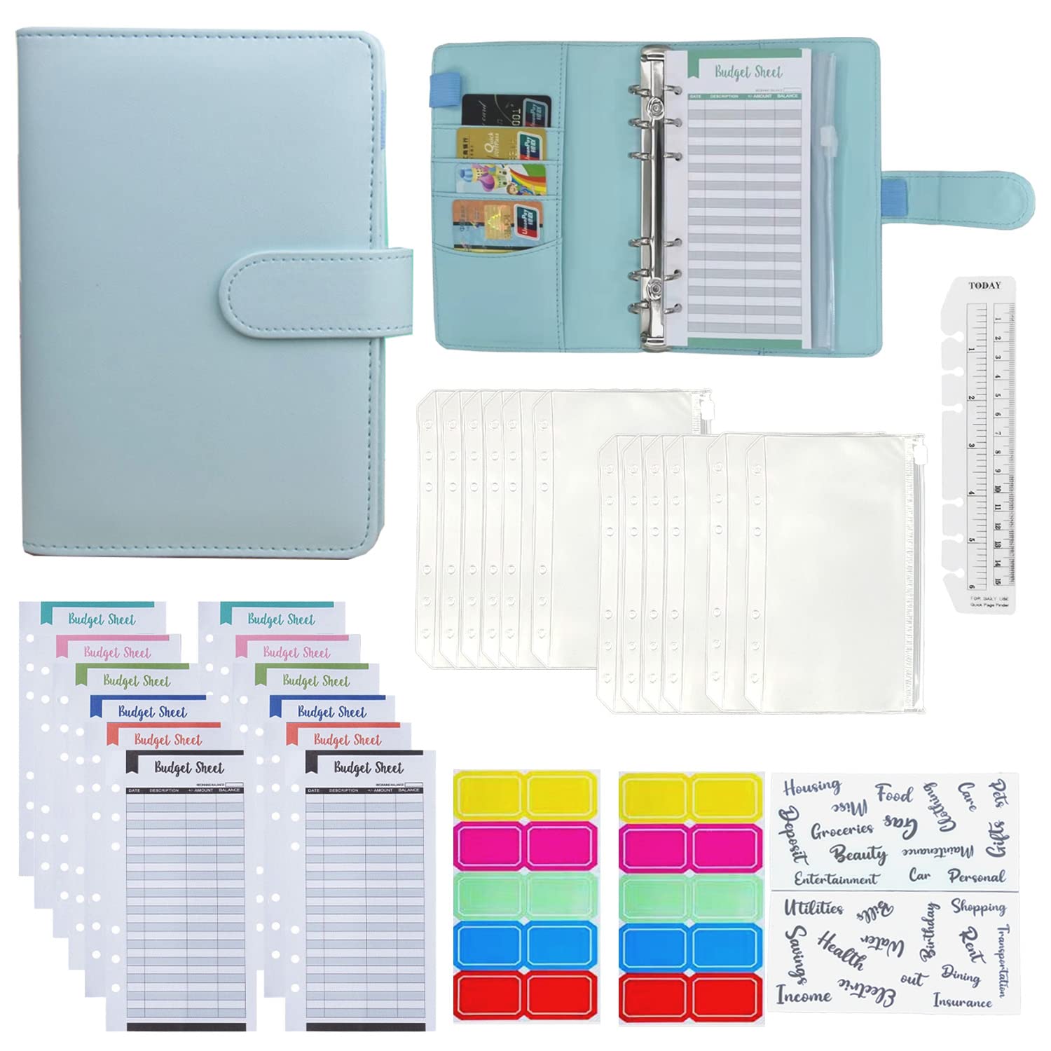 A6 PU Leather Budget Binder Set, Money Organizer with 12 Cash envelopes, Cash passbook Manager, Savings Notebook Binder with Budget Sheets, Saving Money