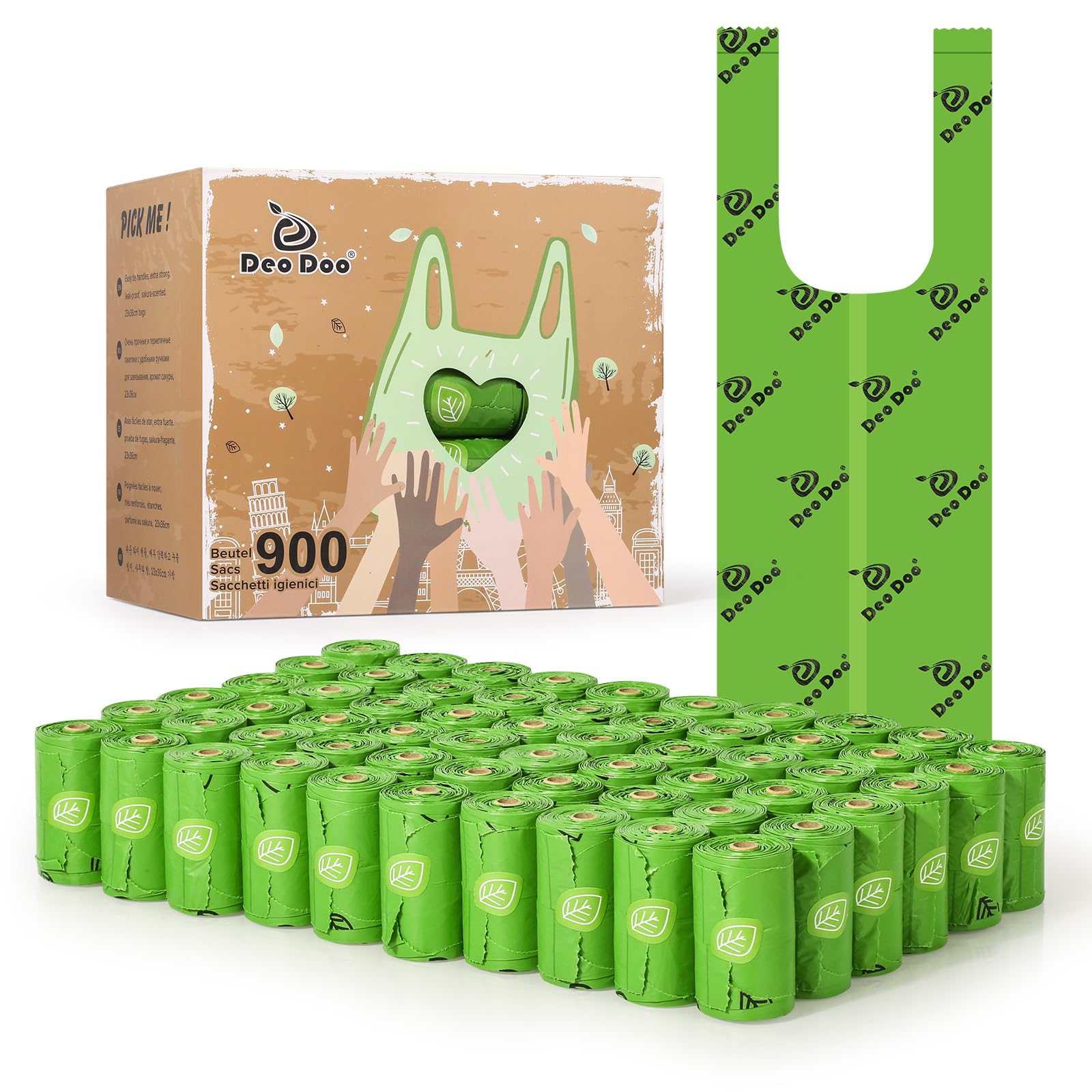 Deo Doo Dog Poop Bags with Handle, 900 Counts 60 Rolls Leak Proof and Extra Thick Waste Bags Refill Rolls for Dogs, Cherry Blossom Scented — image 1