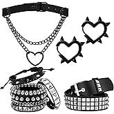 Liliaafar 7 Pcs 80s Gothic Punk Rock Outfit Accessories for Women Men Emo Bracelets Leather Studded Bracelets Belt Goth Heart Chain Choker Y2k Huggie Hoop Spike Black Earrings Jewelry Gift for Rocker