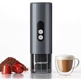AMZCHEF Portable Coffee Maker, Rechargeable 2-in-1 Single Serve Brewer | Self-Heating Espresso Maker for Ground Coffee and NS Capsules, Aluminum Body for Travel, Camping and Car Trips, Silver Gray
