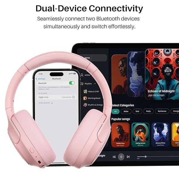 TOZO HT3 HYBRID NOISE CANCELLING HEADPHONES, 90H BATTERY LIFE WIRELESS OVER EAR BLUETOOTH 6.0 FOLDABLE HEADSET, AI VOICE ASSISTANT WITH 5 MICS, CONNECT 2 DEVICES AND HI-RES SOUND, 32 EQ AUDIO PRESETS