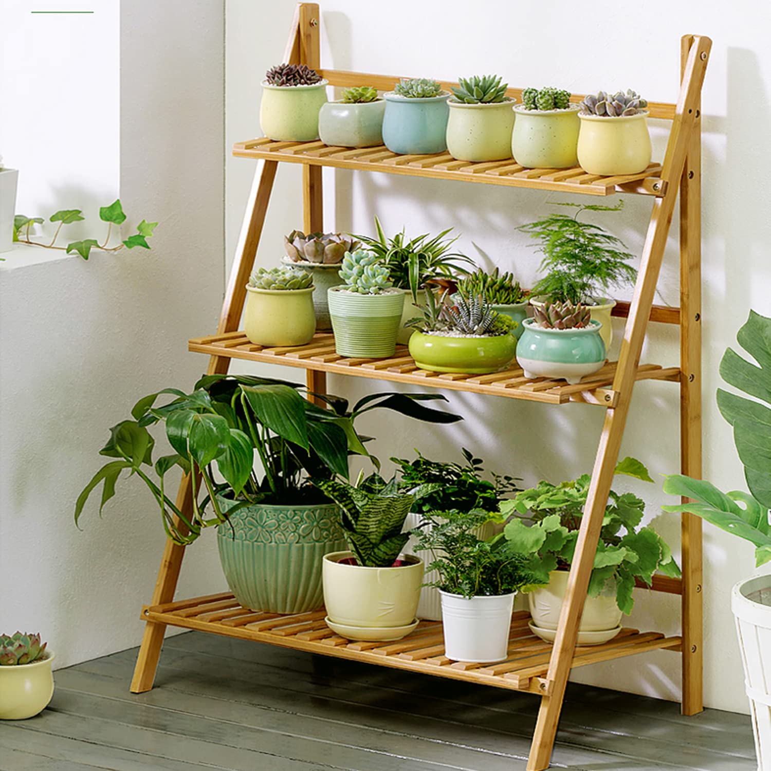 unho Bamboo Ladder Plant Stand 3 Tier Foldable Plant Display Shelf Rack Flower Pot Stand Organizer for Indoor Outdoor Home Patio Garden Balcony 70CM
