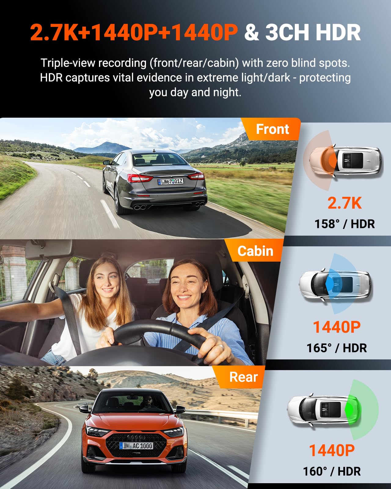 VANTRUE N4S 3 Channel Front Inside Rear Dash Cam, 2.7K+1440P+1440P WiFi Dash Camera w/PlatePix™, STARVIS 2 x HDR x IR Night Vision, Voice Control, GPS, 24/7 Parking Mode, Support 1TB Max