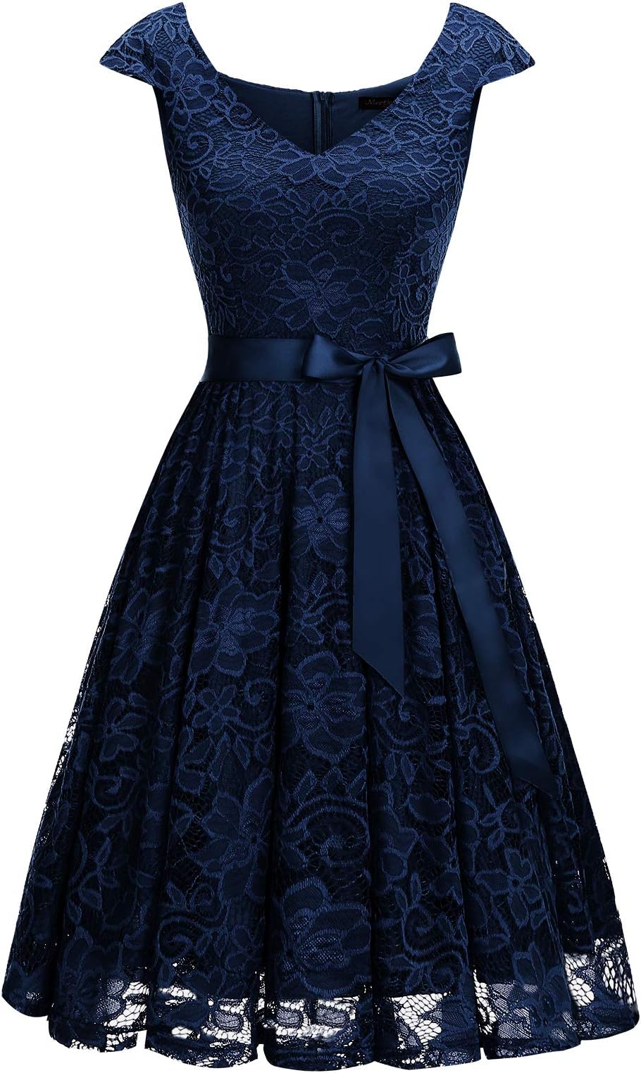 Meetjen Women's Short Bridesmaid V-Neck Floral Lace Dress Cocktail Formal Swing Dress with Cap Sleeves