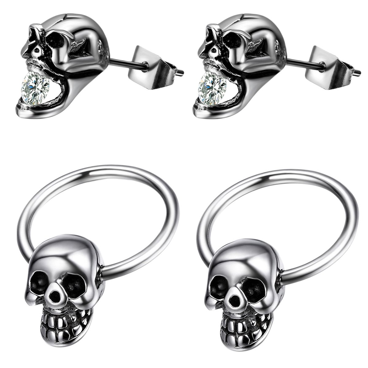 4pcs Hallloween Cospaly Mens Womens Stainless Steel Cubic Zirconia Charm Punk Rock Gothic Skull Earring Studs,Hoop Dangle Earrings