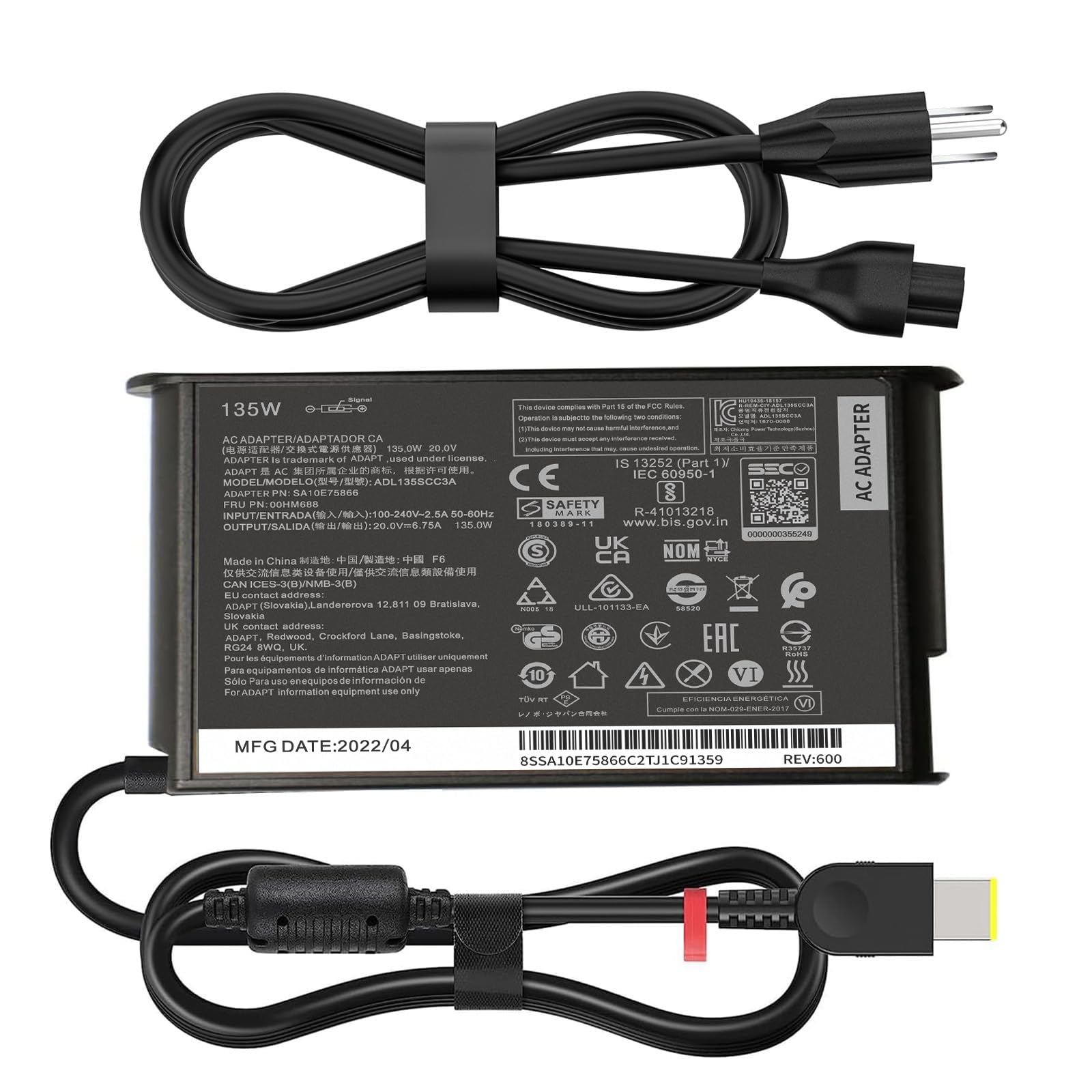 Photo 1 of 135W AC Charger Fit for Lenovo ThinkPad X1 Extreme Gen 1 2 3 4 5 IdeaPad Gaming 3-15 L340 Yoga Y50-80 Y50P Y50P-70Y Y40-70 Y50-70 Laptop Adapter Power Cord