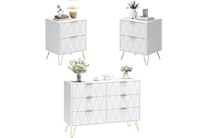 Anbuy 6 Drawer Dresser and Night stand Sets for Bedroom, Two Drawers Nightstand Set of 2 & 6 Drawer Dresser Combo 3 Pieces (White)