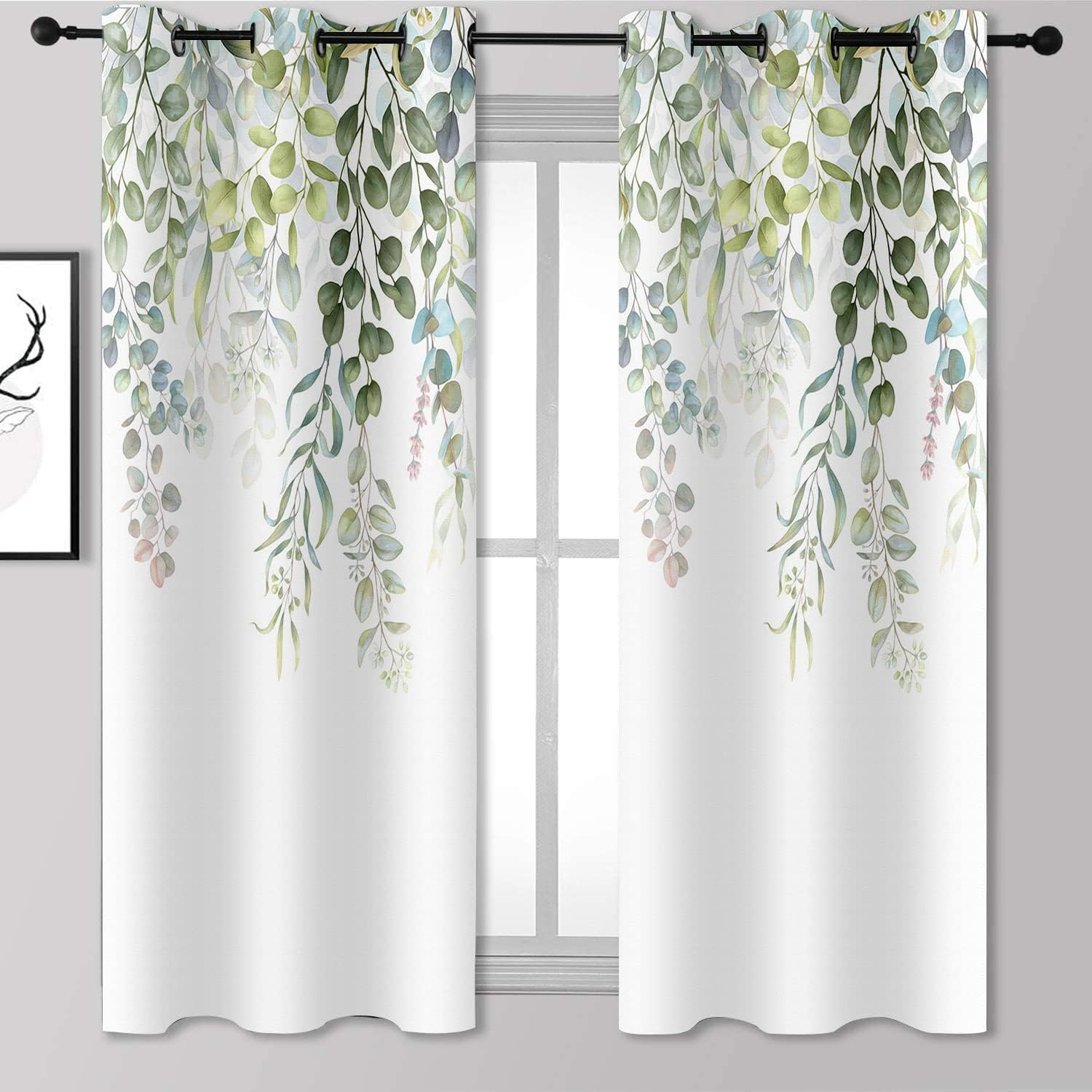 Outdoor Curtains - BSPPTI Eucalyptus Curtains, Weeping Green Succulent Plant Flower Room Darkening Thermal Insulated Polyester Fabric, Grommets Window Drapes for Living, Dining, 42
