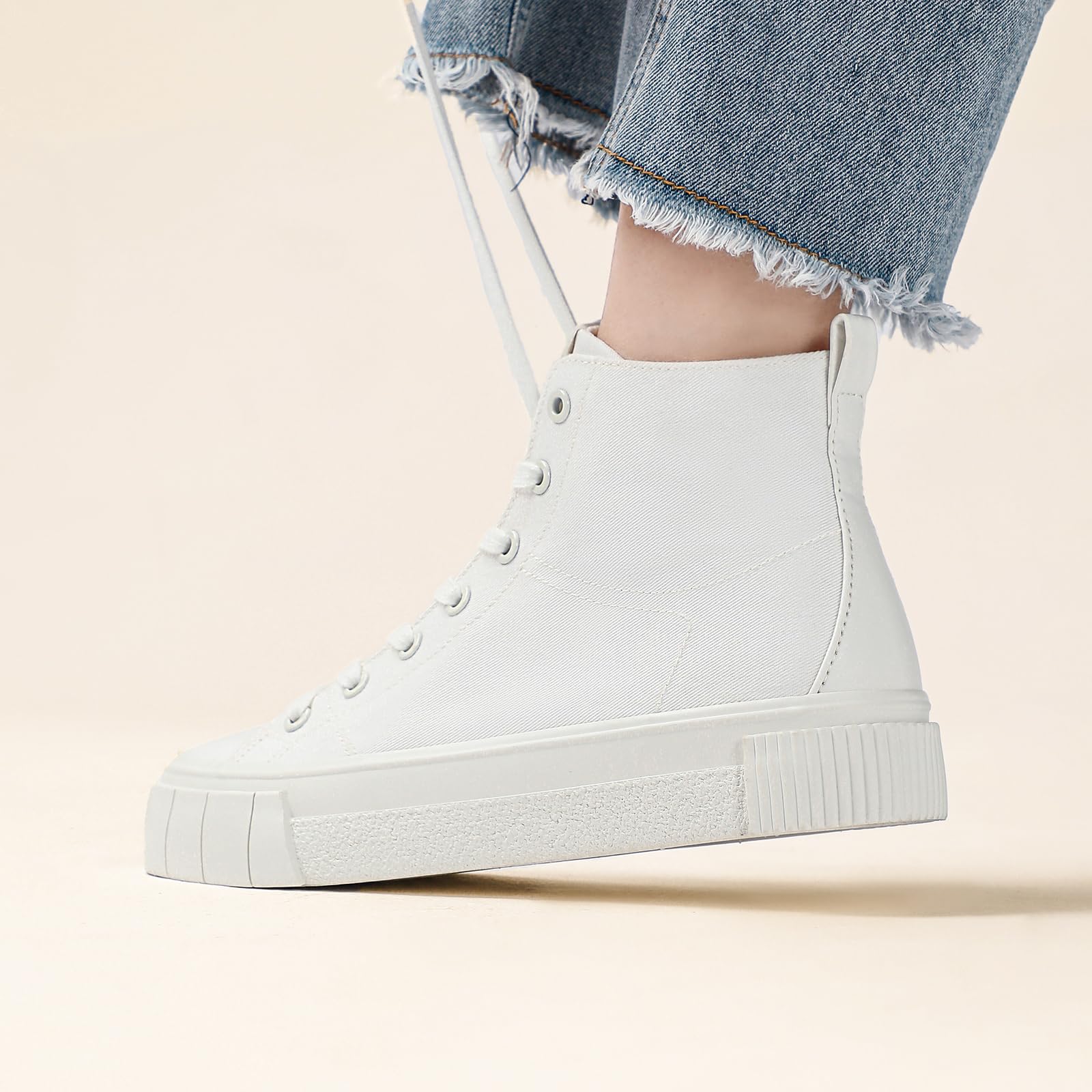 JATJA Womens White High Top Sneakers | Casual Medium-Width Twill Fabric Platform Sneakers for Women Size 7.5