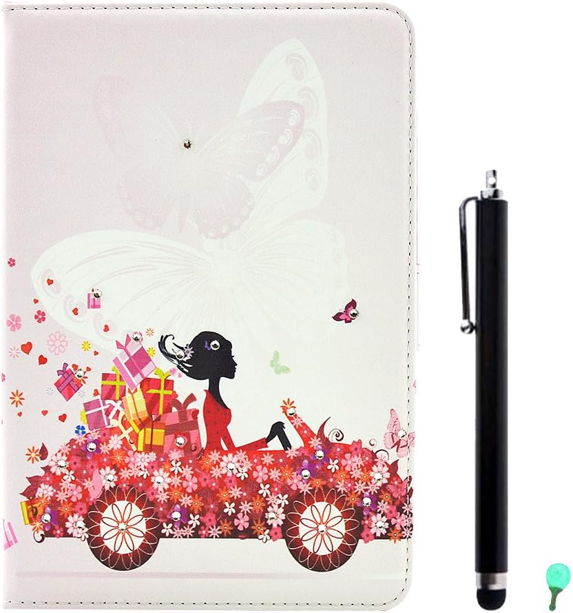 PU Leather Case for Samsung Galaxy Tab A 8.0 SM-T350, Aohro Bling Glitter Beautiful Flowers Series Diamond Folio Flip Stand Cover + Stylus Pen + Dust Plug - Car Flower Girl