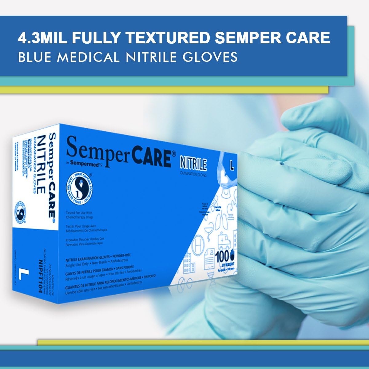 Sempercare NIPFT103BX Gloves, Nitrile, Medium, Blue (Pack of 100)