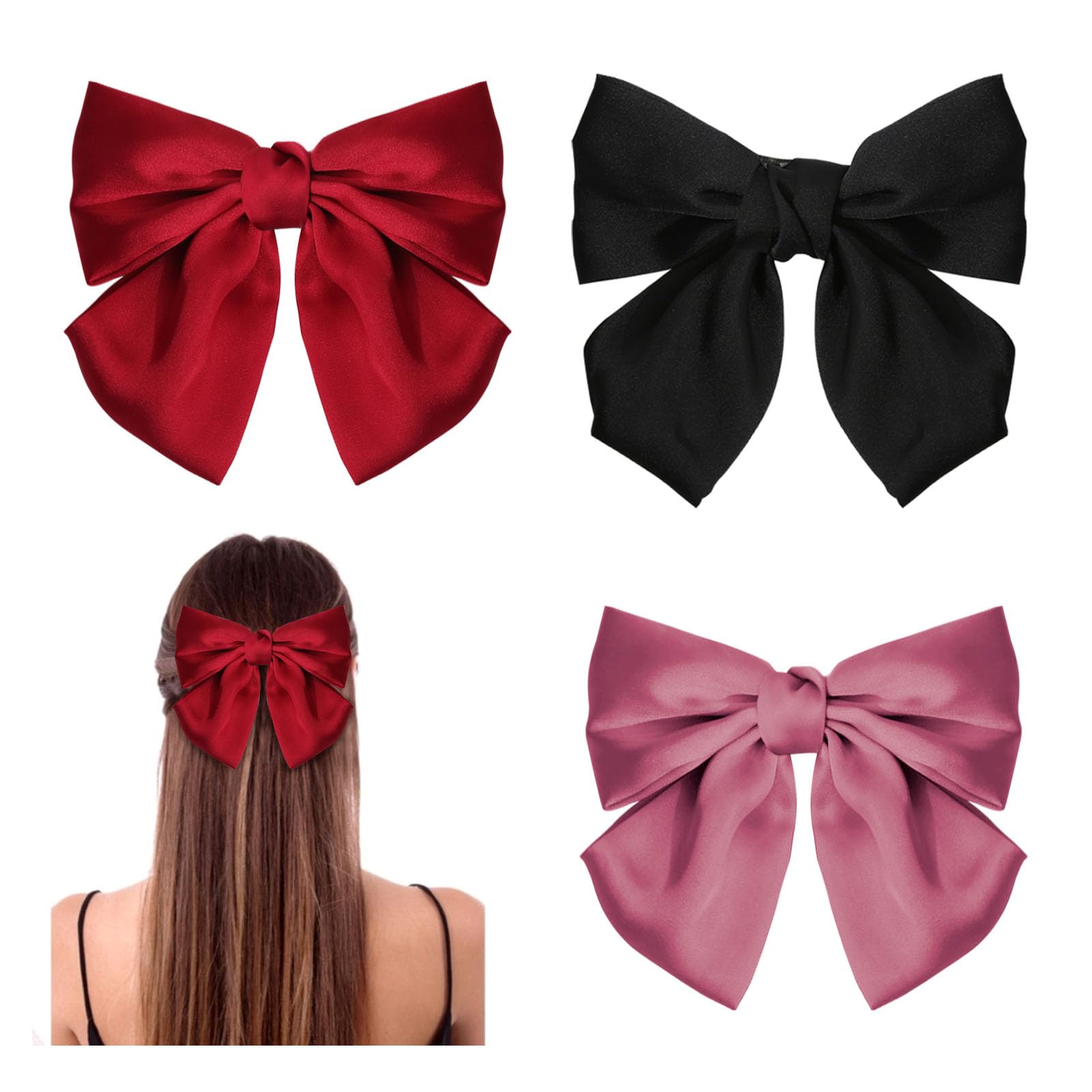 GWAWG 3PCS Bow Hair Clip，Hair Bows Barrettes Solid Color,Soft Satin Silky Hair Bows for Women Girls(Black, Red, and Pink)