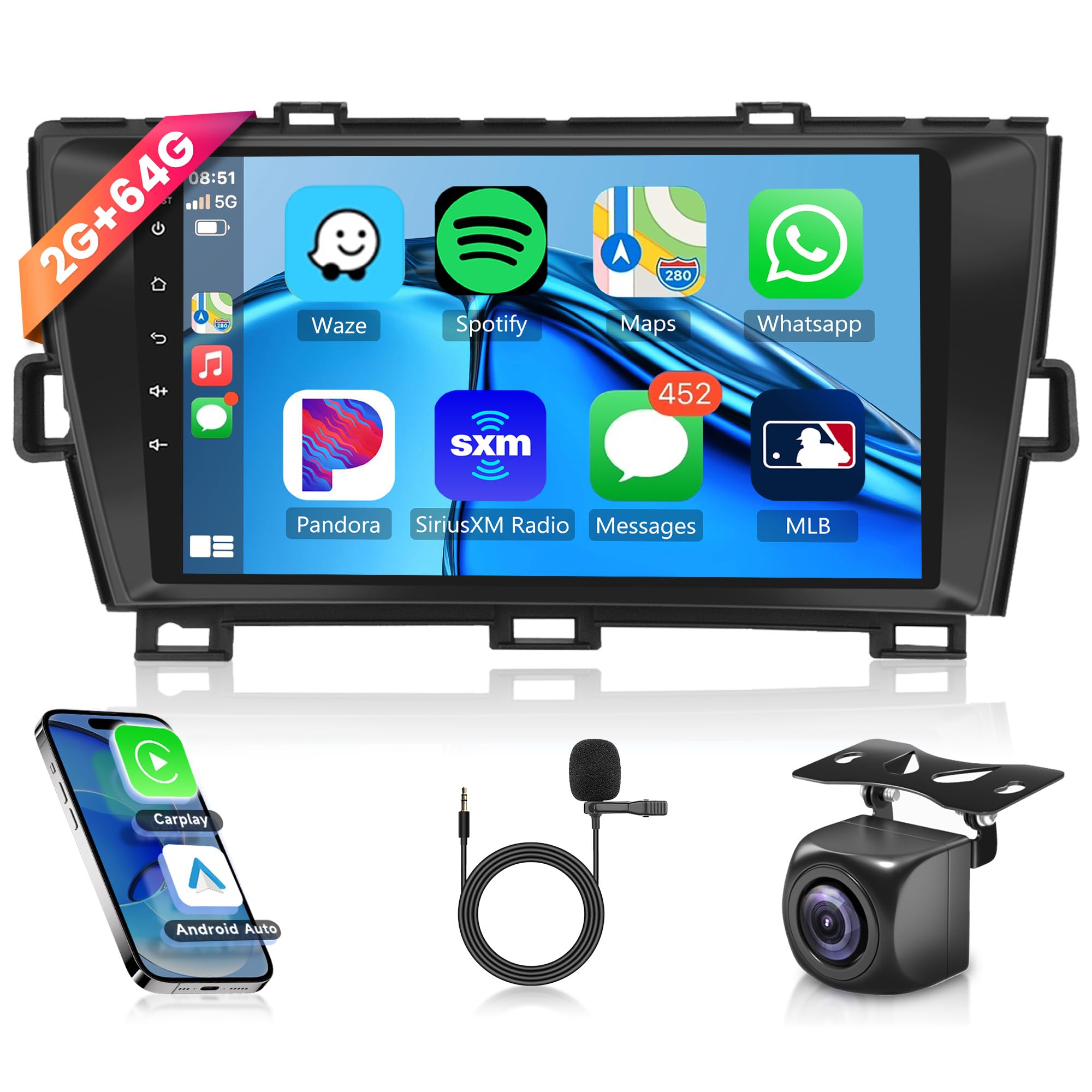 2G 64G Android Car Stereo for Toyota PRIUS 2010-2015 with Wireless Carplay Android Auto, Rimoody 9 Inch Touch Screen Car Radio with GPS Navigation Bluetooth FM RDS WiFi Backup Camera