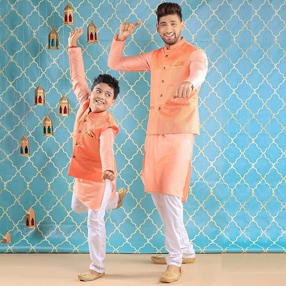 Bonorganik Brocade Peach Bandi With Peach Kurta Pyjama Set For