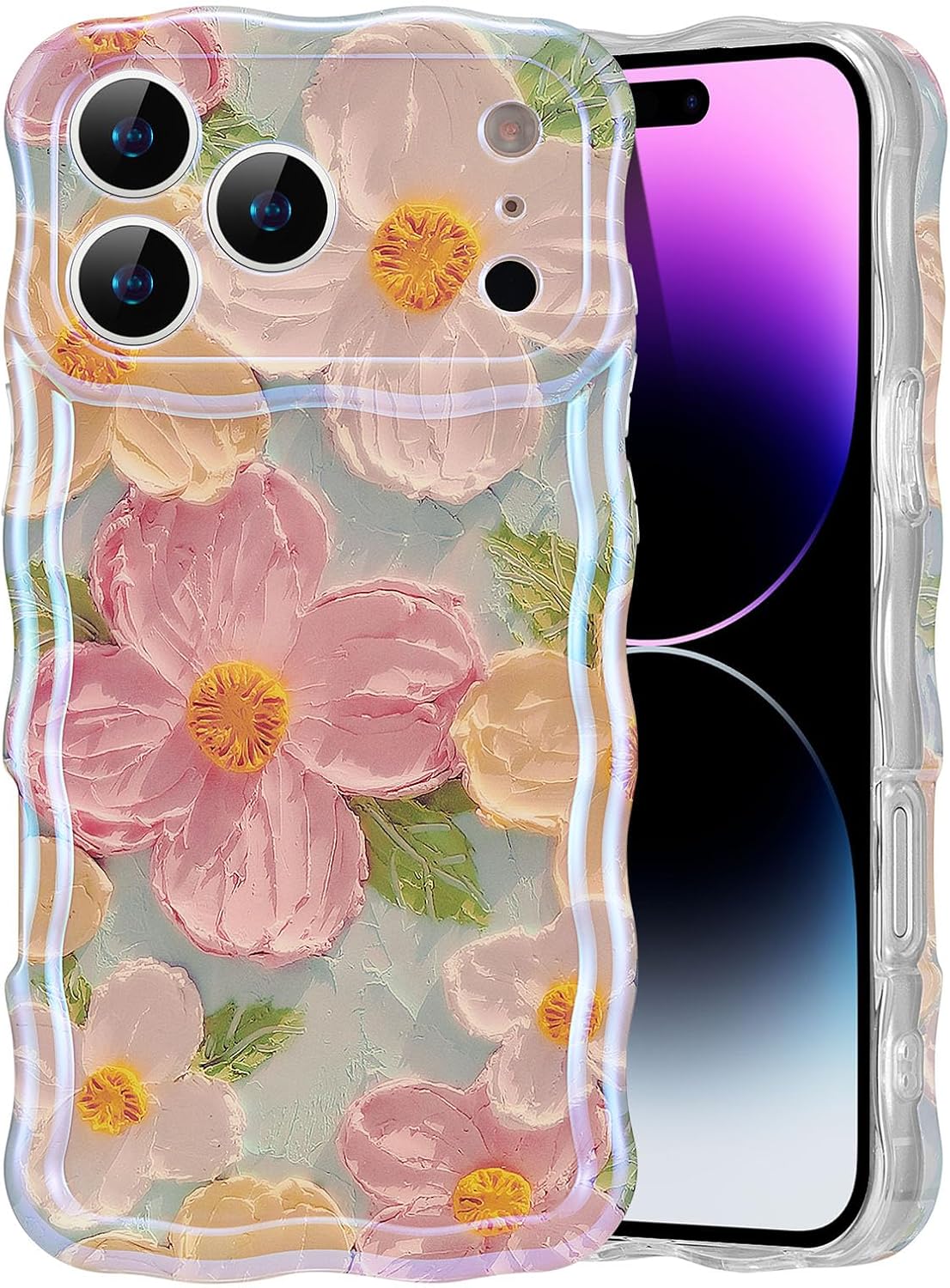 EYZUTAK Case for iPhone 17 Pro, Colorful Retro Oil Painting Printed Flower Laser Glossy Pattern Cute Curly Wave Edge Exquisite Phone Cover Stylish Durable TPU Protective Case for Girl Women-Green