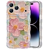 EYZUTAK Case for iPhone 17 Pro Max, Colorful Retro Oil Painting Printed Flower Laser Glossy Pattern Cute Curly Wave Edge Exquisite Phone Cover Stylish Durable TPU Protective Case for Girl Women-Green