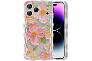 EYZUTAK Case for iPhone 17 Pro Max, Colorful Retro Oil Painting Printed Flower Laser Glossy Pattern Cute Curly Wave Edge Exquisite Phone Cover Stylish Durable TPU Protective Case for Girl Women-Green