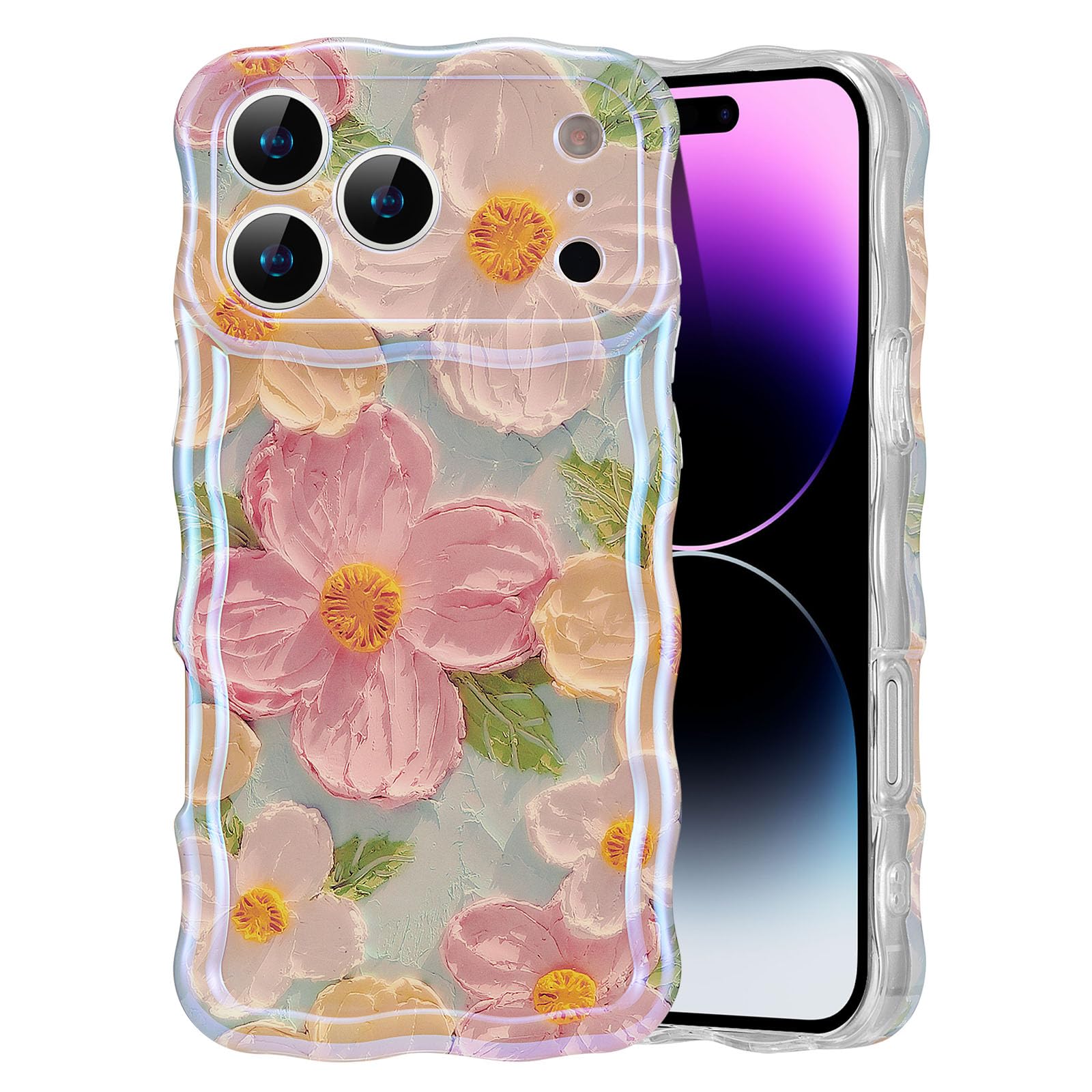 EYZUTAK Case for iPhone 17 Pro Max, Colorful Retro Oil Painting Printed Flower Laser Glossy Pattern Cute Curly Wave Edge Exquisite Phone Cover Stylish Durable TPU Protective Case for Girl Women-Green