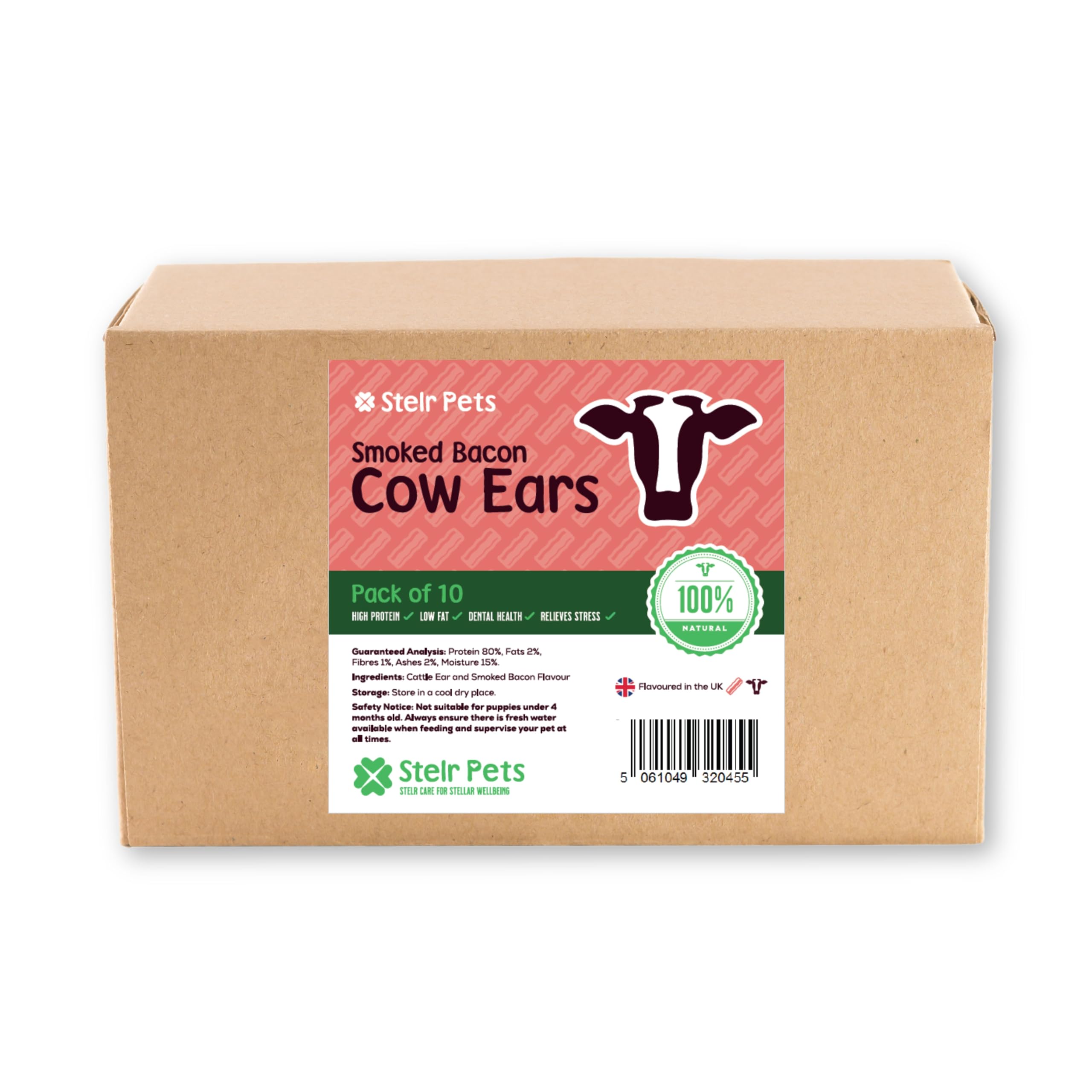 Cows Ears for Dogs (Smoked Bacon Flavour, Pack of 10) - 100% Natural Dog Treats - Low Fat Alternative to Pigs Ears for Dogs and Puppies Over 4 Months Old