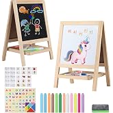 Tabletop Painting Wooden Art Easel for Kids - 4-in-1 Double-Sided Drawing Board for Toddlers 2-4, Chalkboard &amp; Dry Whiteboard with Markers, Eraser, Magnetic Letters/Numbers &amp; Flashcards