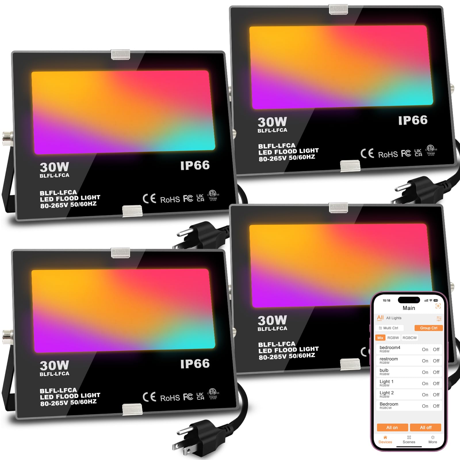 Photo 1 of LED Flood Light Outdoor 30W, 300W Equivalent 3000LM Smart RGB Landscape Lighting with APP Control, DIY Scenes -Timing - Warm White 2700K -Color Changing Uplight, IP66, US Plug, No Remote MELPO(4 Pack)