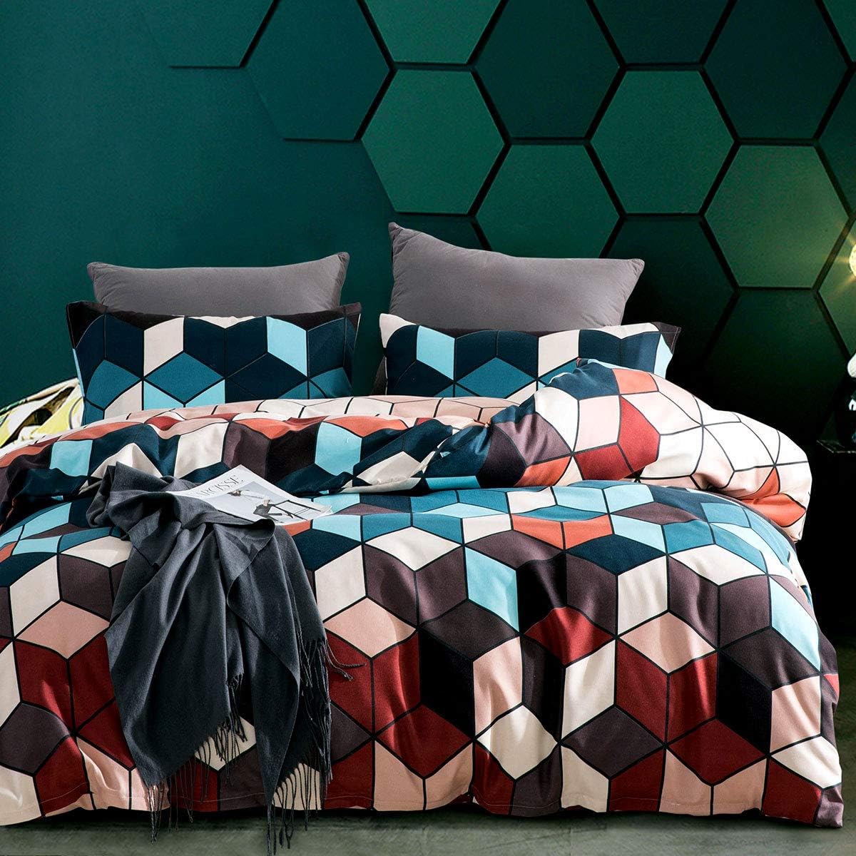 JOHNPEY Queen Duvet Cover Queen Duvet Cover Sets(130GSM) Luxury Microfiber,Green Geometric Printed Bedding Sets,3Pcs Duvet Cover Queen Size