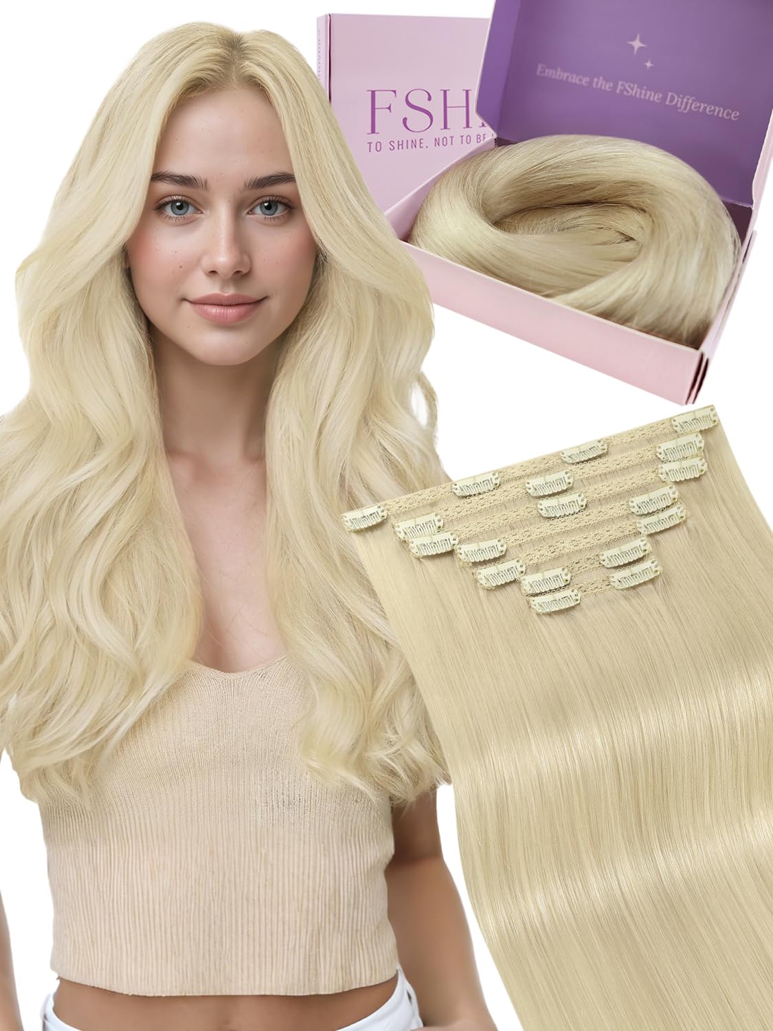 Fshine Blonde Clip in Hair Extensions Real Human Hair Color 60 Blonde 22 Inch/55CM CHair Extensions Clip in Long Blonde Clip in Human Hair Extensions Straight 120 Gram 7 Pcs