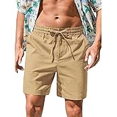 RQP Mens Cotton Linen Shorts Casual Drawstring 7inch Inseam Shorts Stretch Summer Beach Wear