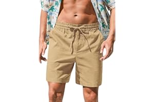 RQP Mens Cotton Linen Shorts Casual Drawstring 7inch Inseam Shorts Stretch Summer Beach Wear