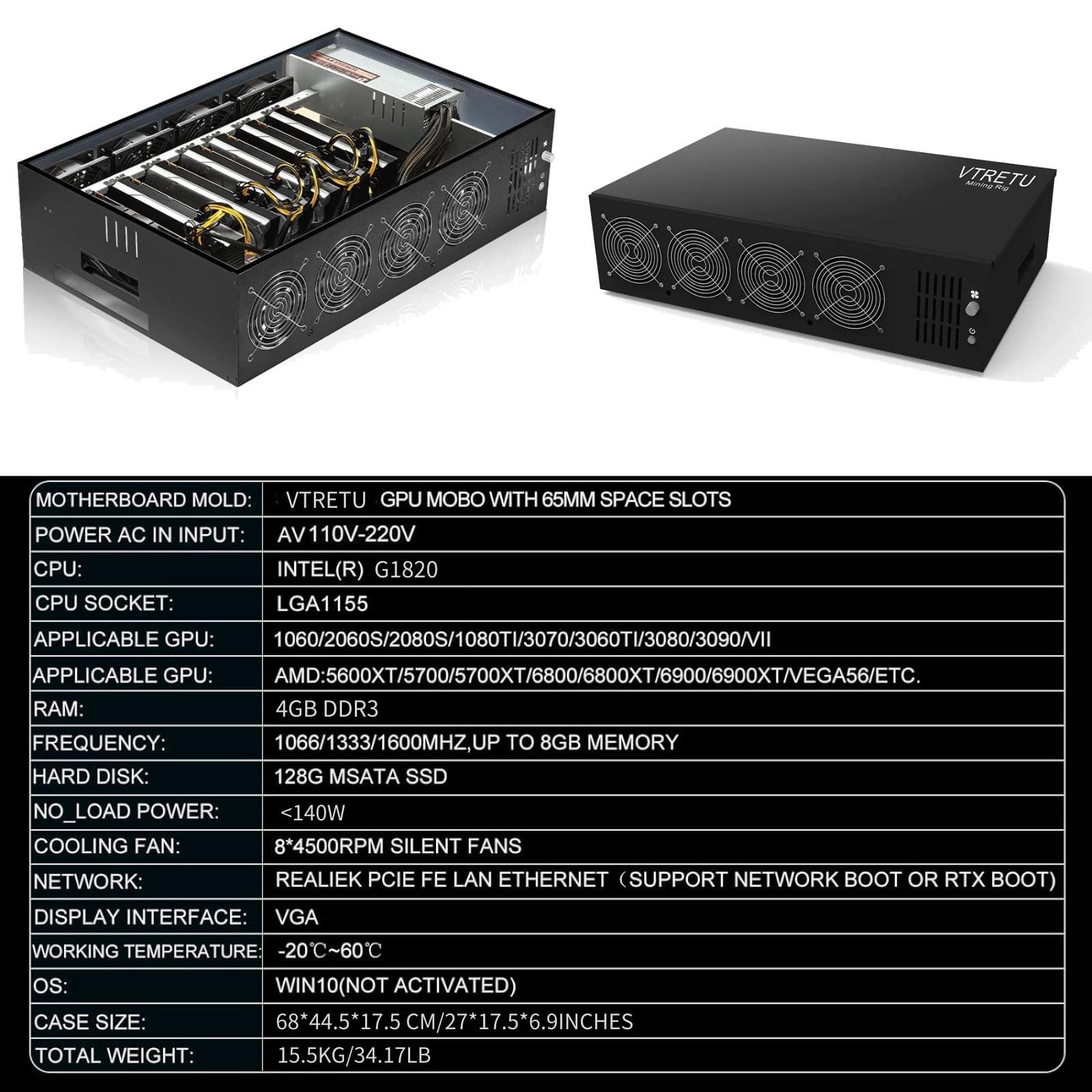 VTRETU Mining Rig System,Complete ETC Crypto Miner with Windows10,Including 8GPU Mining Motherboard,2000W Power Supply(110V-264V),CPU,SSD,4G RAM,PSU Computer Case Mining Machine（Without GPU