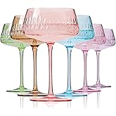 JOVGANK Colored Martini Glasses Set of 6, Hand Blown Margarita Cocktail Glass 14Oz, Large Vintage Champagne Coupe Glasses, Crystal Retro Style Bar and New Year Drinking Glasses, Valentine's Day Gifts