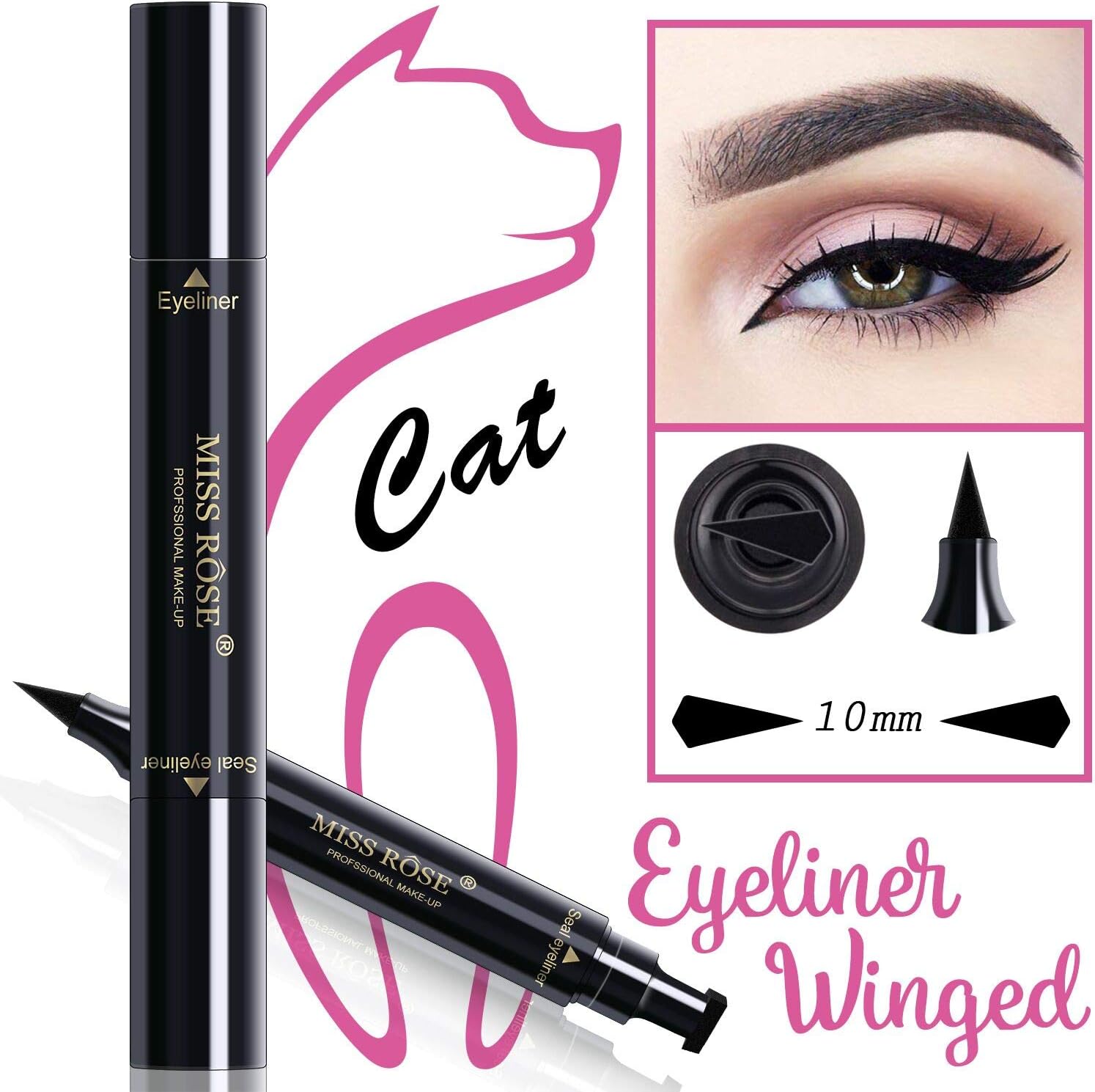 KASI Winged Eyeliner Stamp - Waterproof Long-lasting Smudgeproof Liquid Eyeliner, Double-sided Extremely Pigmented Eyeliner Stamp & Pencil for Perfect Wings & Cat Eyes - Black