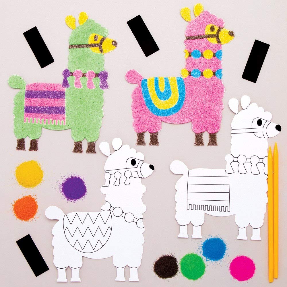 Baker Ross AT469 Lovely Llama Sand Art Magnet Kits- Pack of 6, Ideal For Kids' Arts And Crafts, Educational Toys, Gifts, Keepsakes, Black,Blue,Green,Orange,Purple