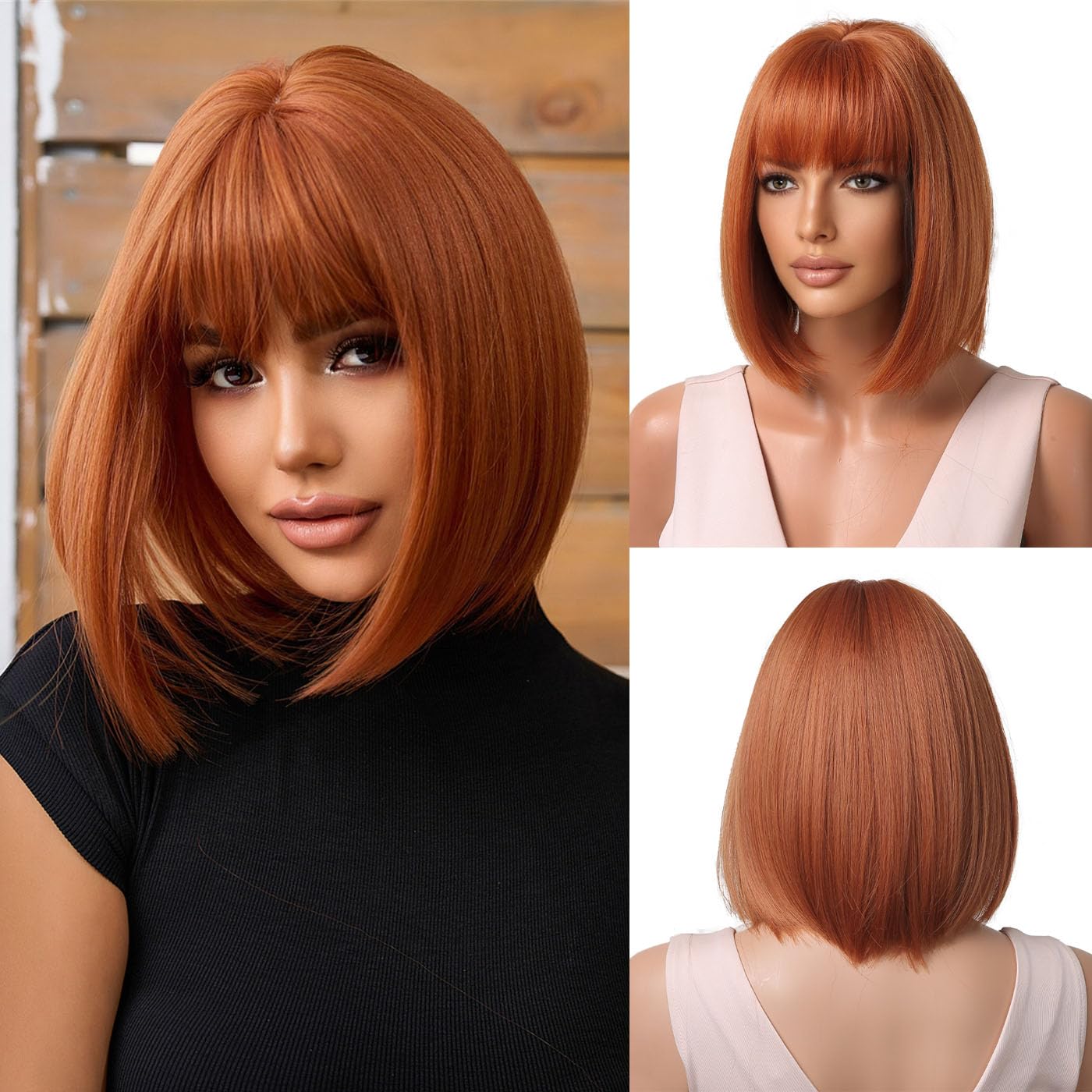 OUFEI Ombre Ginger Bob Wig With Bangs Short Straight Wig For Women Synthetic Hair Wigs for Daily Party Cosplay Wear