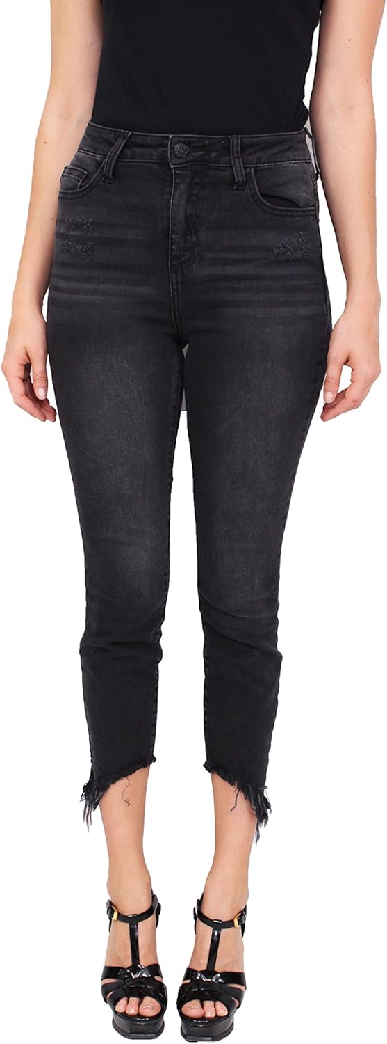 Cello Jeans Women High Rise Black Cropped Skinny Jeans with Step Fray Hem at Amazon Women's