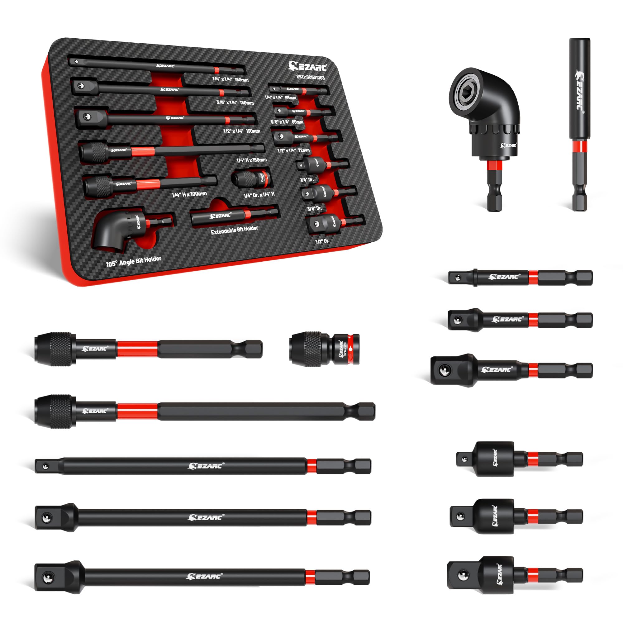 EZARC 14PC Impact Socket Adapter Set, 1/4",3/8",1/2" Square Drive Socket Adapter,Quick-Release & Magnetic Drill Bit Extension,Swivel & Right Angle Drill Attachments for Power Drill & Impact Driver